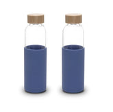Kuber Industries Water Bottle|Glass Bottle|Sleeve Protection Bottle|Bamboo Lid Water Bottle|Travel Round Bottle|550 ML|Set of 2|Blue